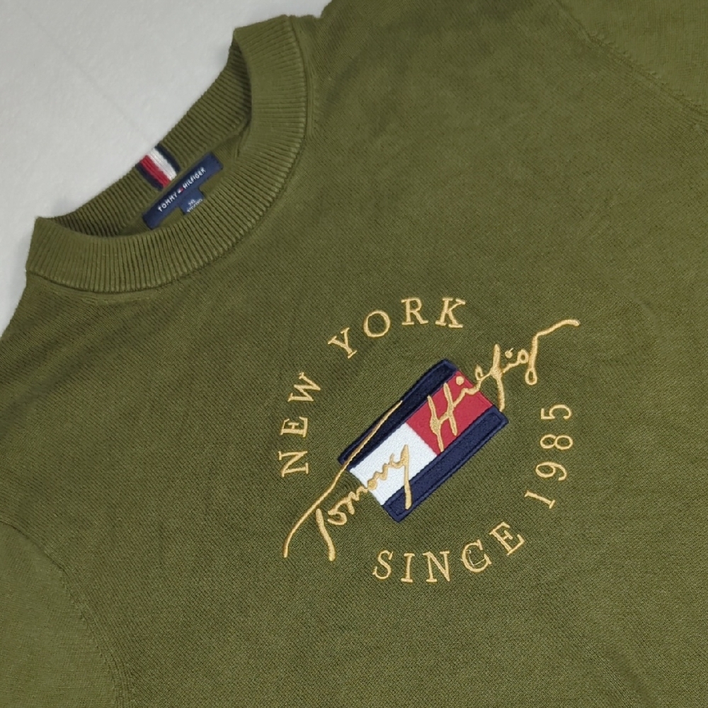 Tommy Hilfiger Spell Out Logo New York Olive Crewneck‎ Sweater Mens Size 3XL